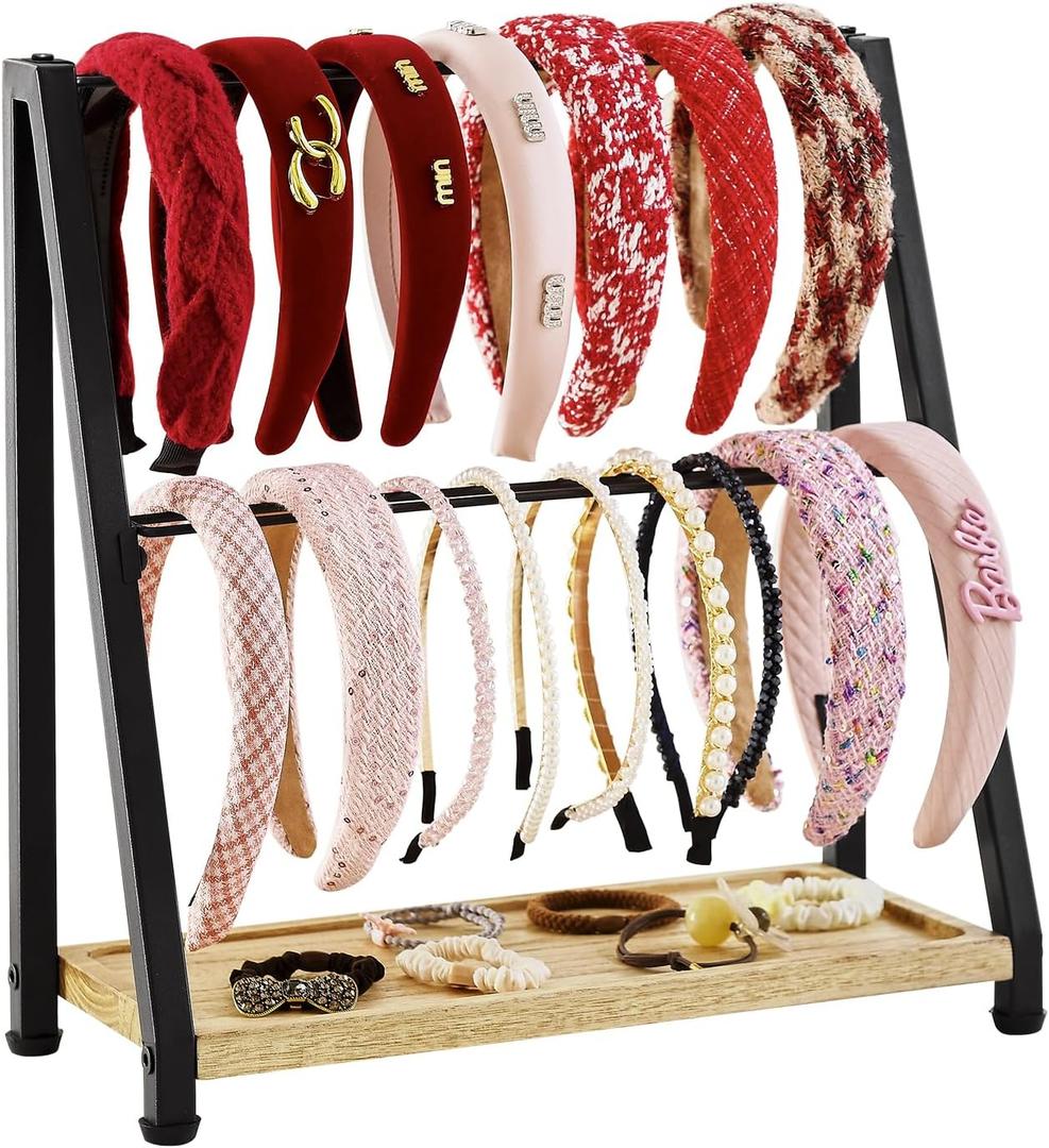Headband Holder Organizer Metal 2-Tier Display Stand for Selling, Home Bedroom Headband Storage for Girls Women, Headband Stand Wood Base Can Store Hair Ties, Black
