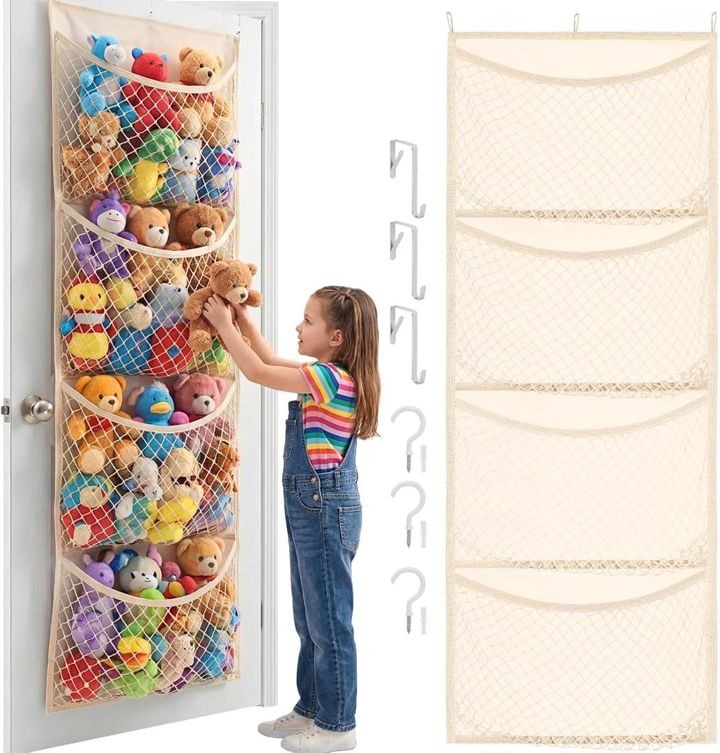 Wide Over The Door Stuffed Animal Storage, Cotton Toy Organizer for Plush Toys, Baby Supplies, Stuffed Animal Holder with 5 Large Pockets, Hanging Door Organizer for Nursery, Bedroom, Kids Room (Beige)