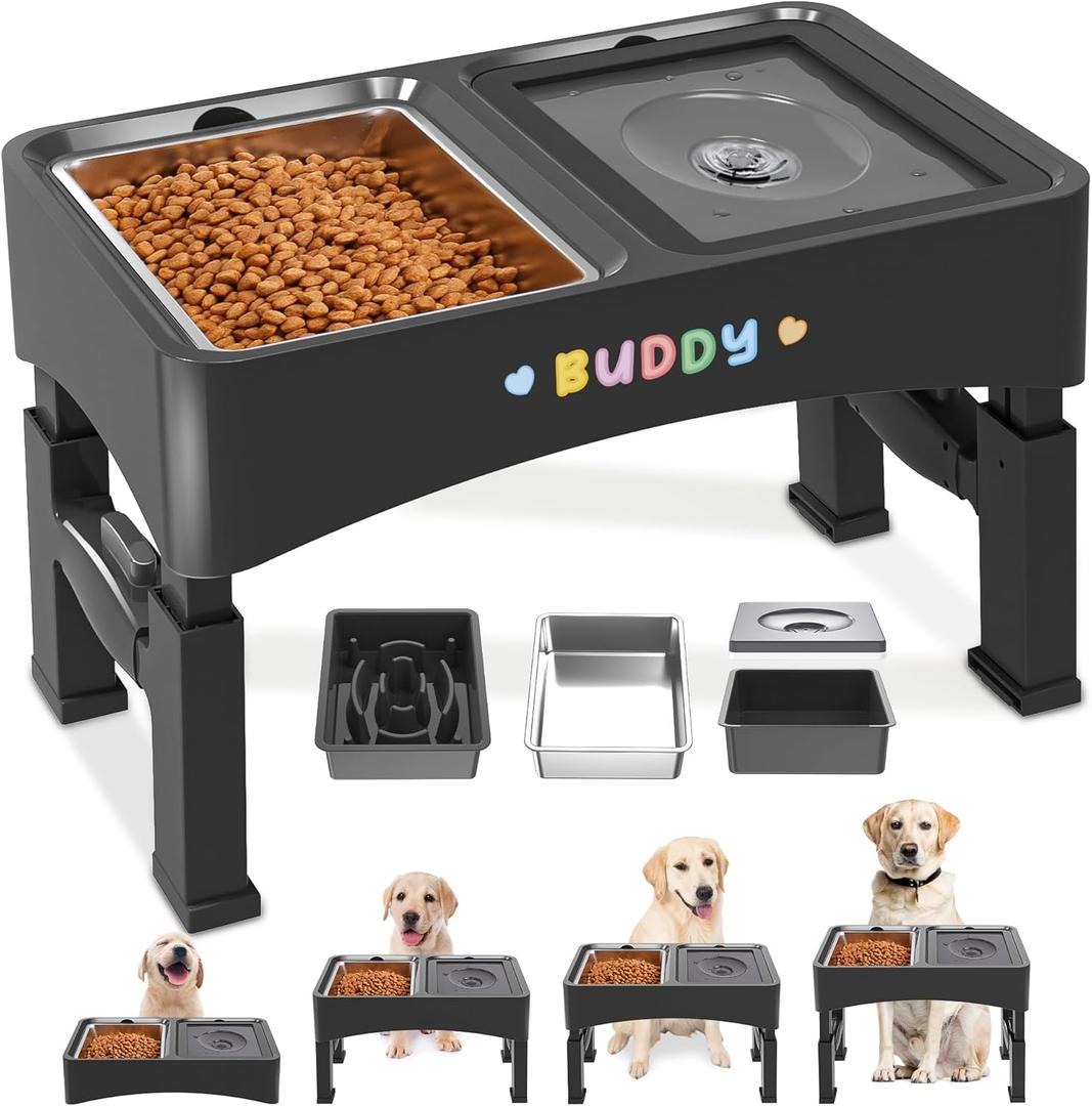 Decflow 3-in-1 Elevated Dog Bowls, 4 Height Adjustable Raised with Stainless Steel, Slow Feeder, No Spill Water Bowl, DIY Stickers Foldable Pet Bowl for Medium Large Dogs (Black)