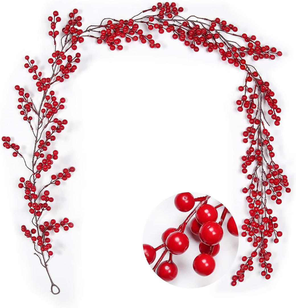 Artificial Berry Garland 6.4FT, Red Christmas Garland with Berries for Tree, Mantel, Table, Fireplace, Indoor Christmas Decorations & Holiday Home Decor(Red Fruit) (1 Pack-red)