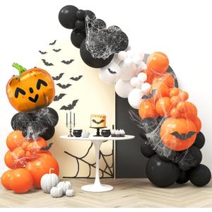 3 x HOUSE OF PARTY Halloween Balloon Garland Kit 80 Pcs - 5/10/12/18 Inch Orange and Black White Balloon Arch with 1 Pumpkin Foil Balloon, PVC Bats & Spider Web For Halloween Party Decorations