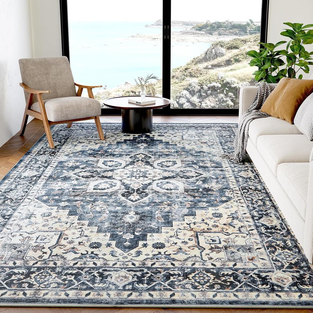 AMADA HOMEFURNISHING 5x7 Area Rugs, Washable Living Room Rug Low-Profile with Non-Slip Backing & Durable Edge Binding, Vintage 5x7 Rugs for Living Room, Bedroom, Dinning Room