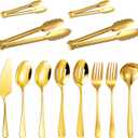 12 Pieces Gold Serving Utensils, Stainless Steel Cooking Utensils Set, Include Serving Spoons, Slotted, Spoons, Forks, 2 Sizes Tongs, Soup Ladle and Pie Cake Server for Kitchen Restaurants Buffet
