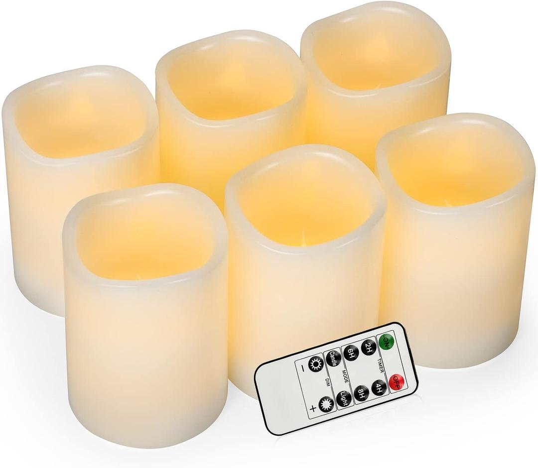 Flameless Candles Battery Operated Pillar Real Wax Flickering Electric LED Candle Gift Sets with Remote Control Cycling 24 Hours Timer, Pack of 6 (3" D x 4" H, Ivory)