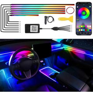 Acrylic Car LED Interior Strip Lights, 6 in 1 Dreamcolor Ambient Lighting Kit with Wireless APP, Luxury EL Wire Trim 16 Million Colors Neon Strip for Car Inside Decoration(No Remote)
