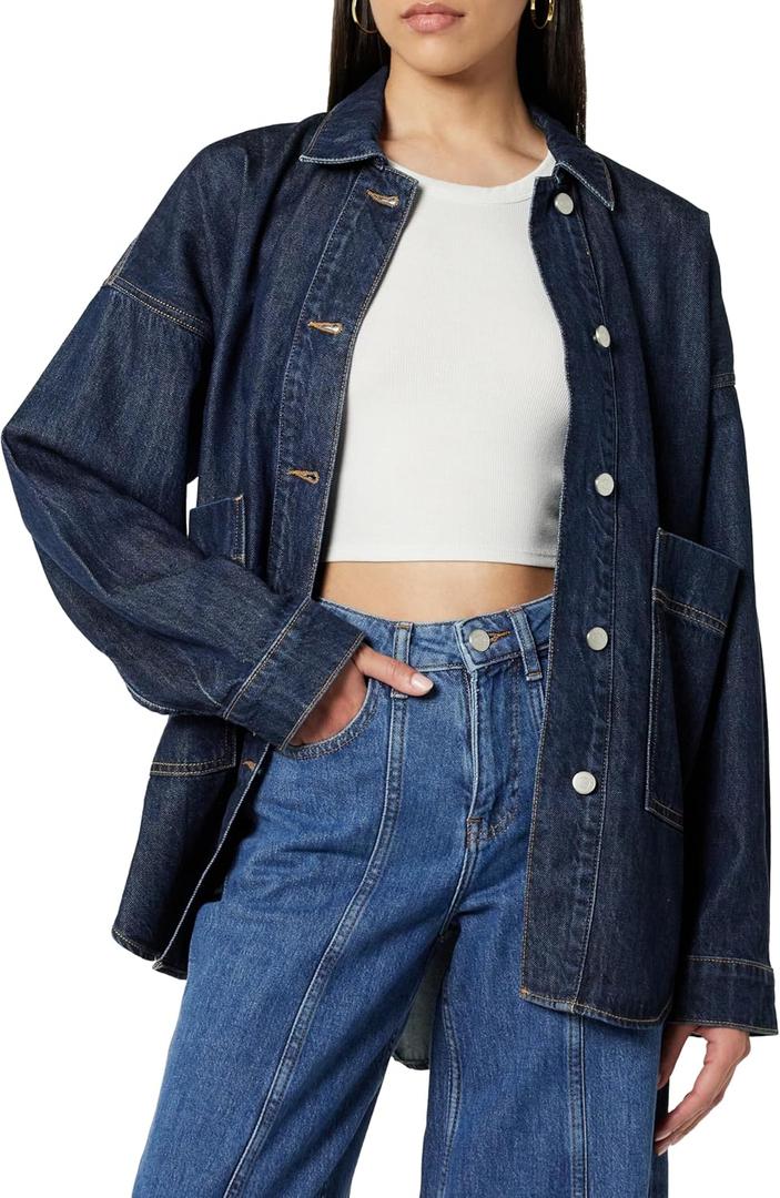 The Drop Women's Pilar Long Denim Shirt Jacket (Medium, Dark Indigo)