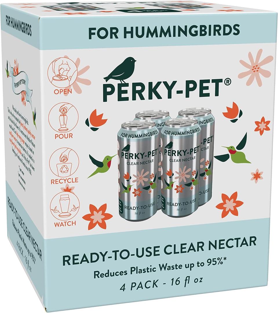 Perky-Pet 522 Ready-to-Use Clear Hummingbird Nectar in Recyclable Aluminum Can - 4 Cans, 16 oz Each - 64 Fl oz Perky-Pet 522 Ready-to-Use Clear Hummingbird Nectar in Recyclable Aluminum Can - 4 Cans, 16 oz Each - 64 Fl oz