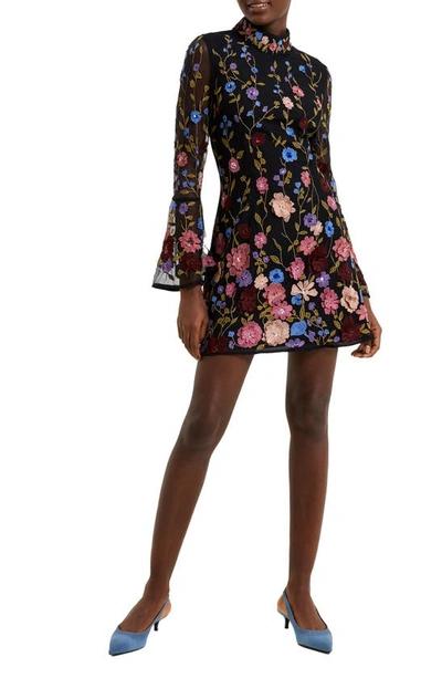 French Connection Astrida Embroidered Long Sleeve Minidress In Black Multi Size 4