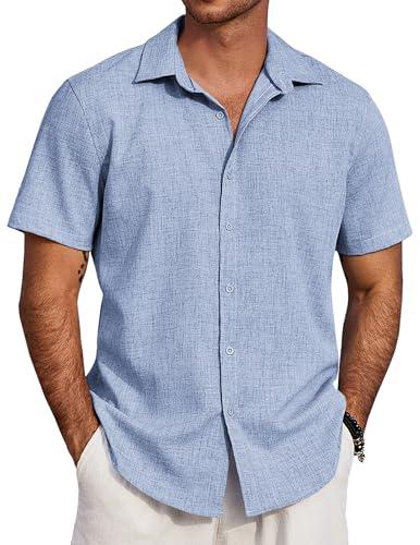 COOFANDY Men's Casual Dress Shirt Short Sleeve Button Up Shirts Summer Beach Shirt Classic Blue