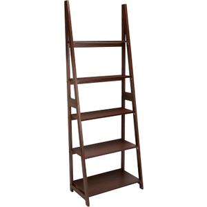 Amazon Basics 5-Tier Ladder Bookshelf Storage Organizer, Solid Rubberwood Frame, Space-Saving Bookcase, Sturdy Shelves, Walnut Finish, 14" D x 24.8" W x 70.1" H