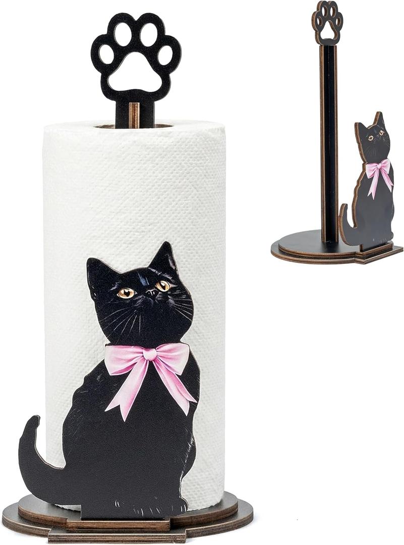 Black Cat with Pink Bow Paper Towel Holder - Wooden Paw Kitten Decorative Toilet Paper Stand for Countertop Kitchen Bathroom Roll Standing Organizer Table Decor Cat Lovers Housewarming Gift