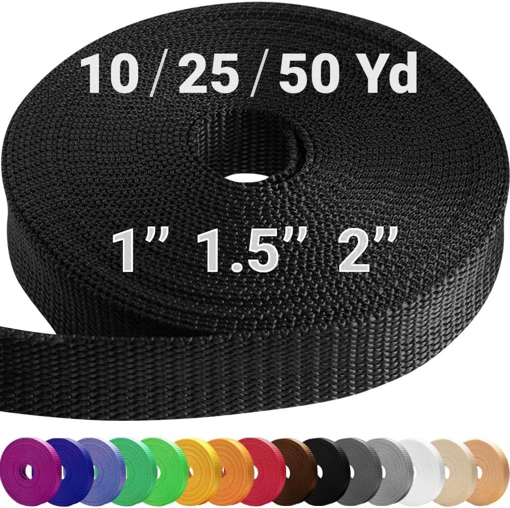 TECEUM 3/4" & 5/8" & 1" & 1.5" & 2" Webbing  10 25 50 Yards  40+ Colors  Heavy Duty 1 Inch 1.5 Inch 2 Inch Backpack Straps  Webbing for Outdoors Indoors Crafting DIY (Black)