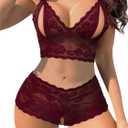 Lilosy Sexy Cupless Crotchless Women Floral Lace Pajamas Lingerie Set High Waist Nightwear Sleepwear Bra Panty 2 Piece (Cupless Wine Red), Size: L