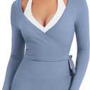 YEOREO Women Pilates Wrap Top Long Sleeve Tie Ballet Workout Yoga Shirt Michelie Y2K V Neck Cropped Tops, 
Granite Blue M