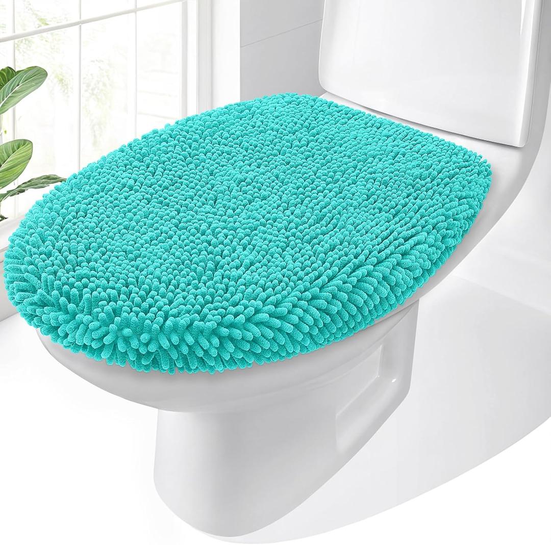 OLANLY Soft Chenille Bathroom Toilet Lid Cover, Machine Washable Seat Covers, 17.5x15, Stays in Place Rubber Backing, Fits Most Round, Elongated and Oblong Lids, Accessories Decor, Teal