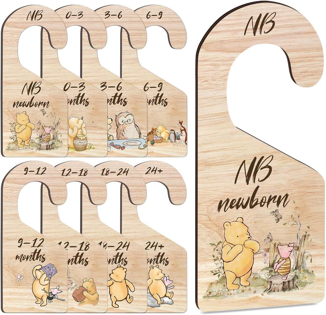 8Pcs Winnie Baby Closet Dividers, Winnie Baby Clothes Dividers for Closet, Newborn Baby Stuff for Baby Boys Girls, Wooden Double-Sided Baby Hanger Organizer from Newborn to Toddler