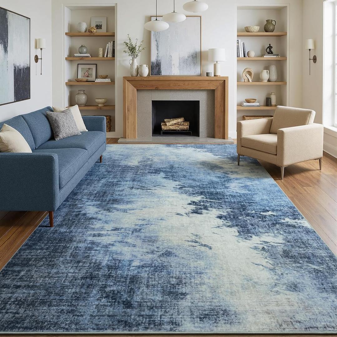 Washable Area Rugs for Living Room, 5x7 Modern Abstract Soft Bedroom Rug, Non-Slip Stain Resistant Indoor Floor Carpet for Kids Nursery Dorm Kitchen Office Home Decor, Blue