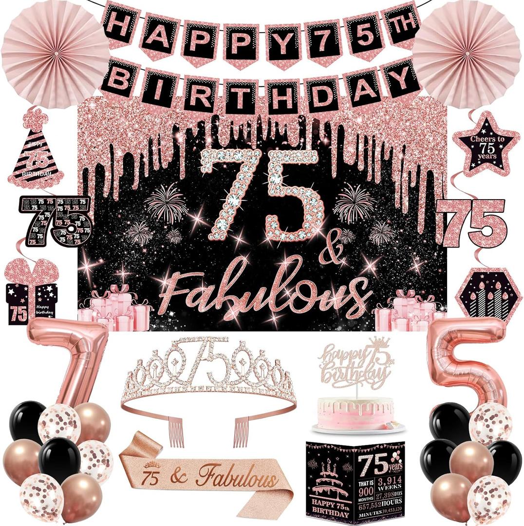 75th Birthday Decorations for Women,32PCS 75th Birthday Party Decorations,Including Backdrop, Crown, Sash, banner, Hanging Swirl,Cake Topper,balloons,Paper Fans,Anniversary Card and paper fans