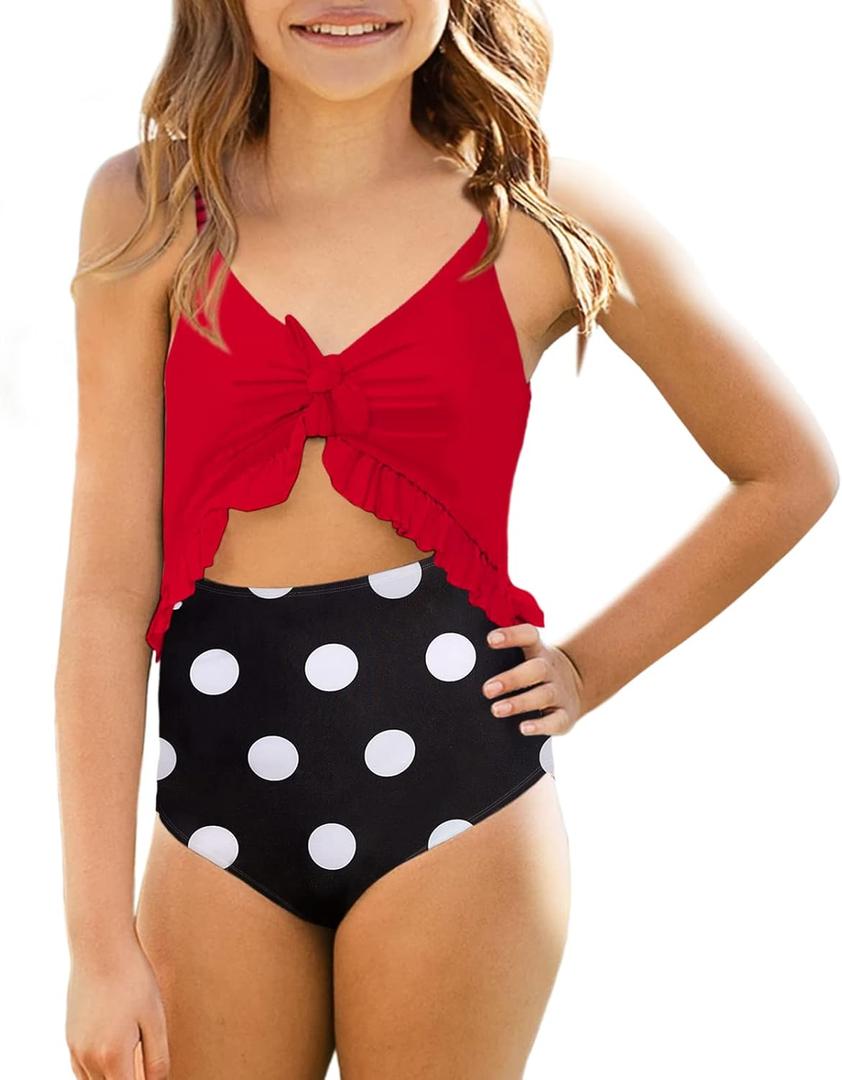 Saodimallsu Girls One Piece Cutout Ruffle Swimsuits Kids Floral High Waisted Tie Front Bathing Suits (7-8 Years, Red)