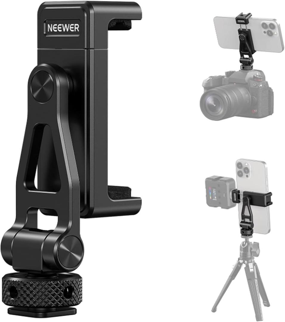 NEEWER Metal Phone Tripod Mount with Cold Shoes, 1/4" Thread, 180 Tilt, 360 Rotation, Adjustable Phone Clamp Holder Compatible with iPhone 17 Pro Max 16 15 Samsung S25 S24 Ultra Camera Cage, GA010