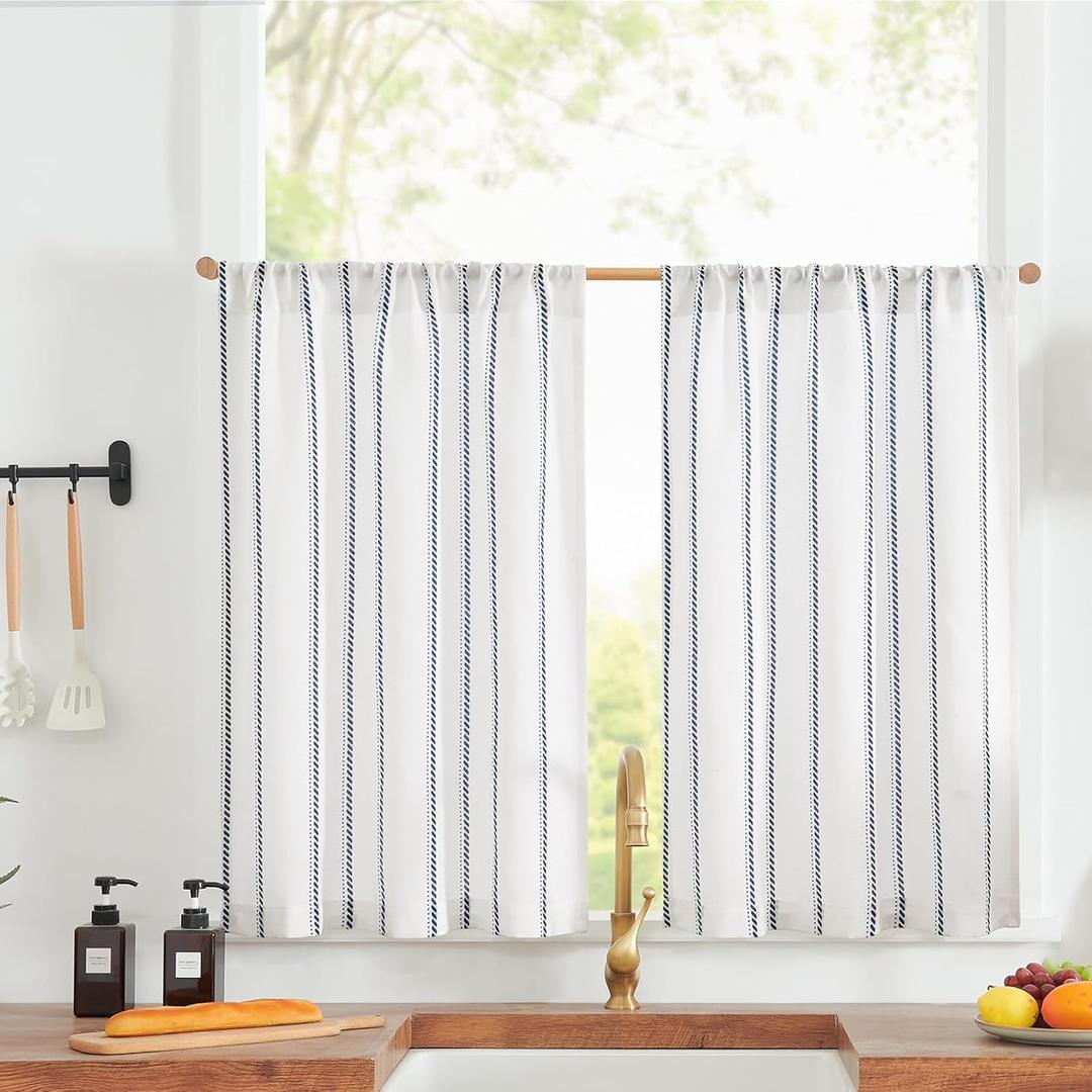 jinchan Linen Striped Kitchen Curtains Tier Cafe Curtains for Living Room Bathroom RV 24 Inch Farmhouse Rustic Half Window Treatment Light Filtering 2 Panels Blue on White