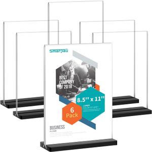 Acrylic Sign Holder 8.5x11, 6 Pack Double Sided Clear Display Stand with Black Base, T-Shape Table Number Holders, Plastic Picture Frames, Menu Brochure Sign Holder for Office, Show Fair, Restaurants