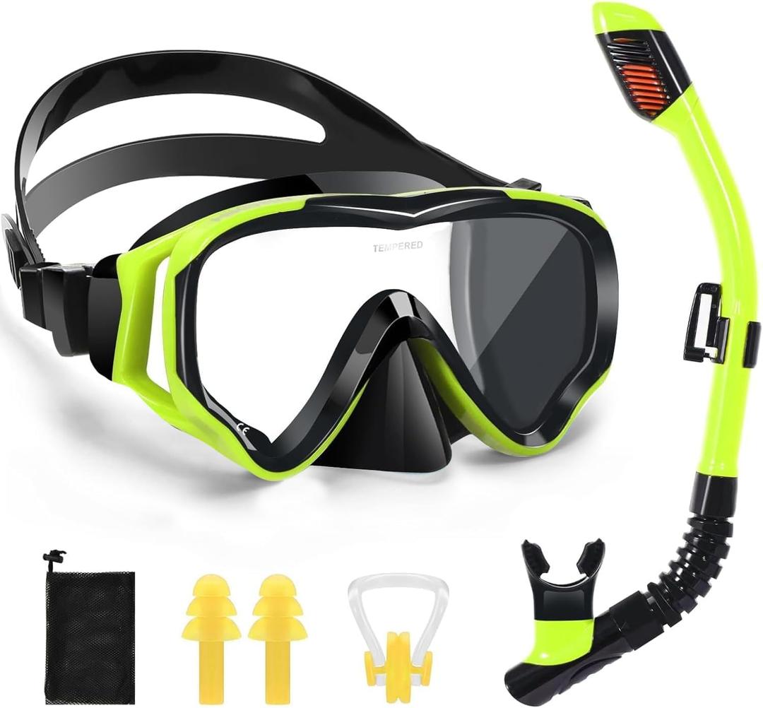 Snorkeling Set for Kids, Full Dry Snorkeling Mask Set for Adults, Anti-Fog Protection, Unisex,HD Panoramic View, Snorkeling Gear for Kids 4-14 Age (Black+Fluorescent Yellow)