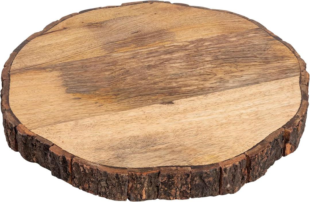 GoCraft Wooden Round Cutting Board with Tree Bark Rim | 1.5" Thick Mango Wood Live Edge Chopping, Prep, Serve Board | Charcuterie Platter - 12.75", 12.8"L x 12.8"W