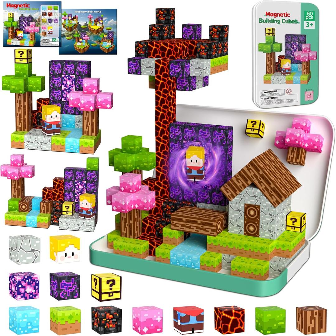 OUGUI 60PCS Mini Magnetic Blocks Travel Toys for Kids Ages 4-8: Magnet Building Blocks Magnetic Cubes with Iron Box STEM Educational Building Toys Christmas Birthday Gift for Boys Girls Toddlers Kids