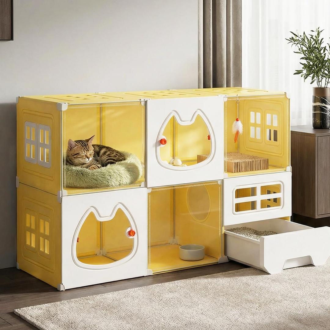 Cat Cage with Litter Box | Detachable Metal, Transparent Window, DIY Zones | Cat Enclosure Indoor Playpen for 1-3 Cats, Ferret, Small Animal Dog Cages 41" L x 18" W x 28" H