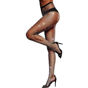 LUCKELF Sexy High Waist Tights Sparkle Rhinestone Fishnets Party Rhinestone Mesh Stockings