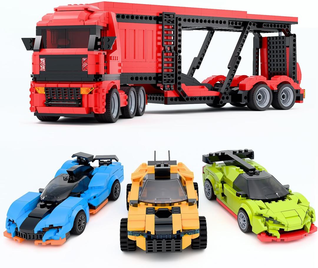 TG BLOCKS Micro Brick Car Transporter with 3 Sports Cars Building Set - Kids Truck Toy with Carrier & Trailer, Gift Idea for Teens 8+ Boys & Girls