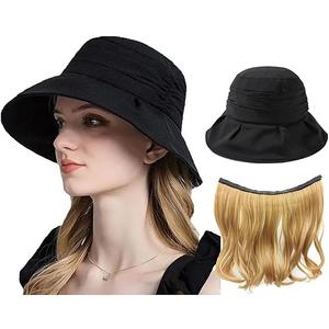 NOOFNO Summer Women's Beach Sun Hat, Wide Brim Sun Protection, Lightweight Hat with Hair Attached via Magic Tape Hat[black]+hair
