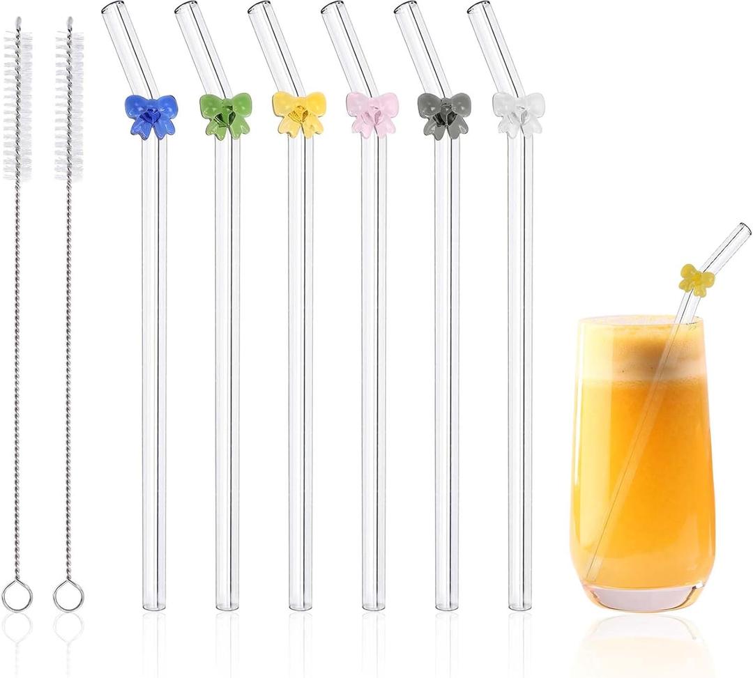 6 Pcs Reusable Glass Straws with 2 Cleaning Brushes, Cute Colorful Bow Glass Straw Shatter Resistant, Bridal Engagement Drinkware Dishwasher Safe for Juices, Smoothies, Milkshakes, Teas