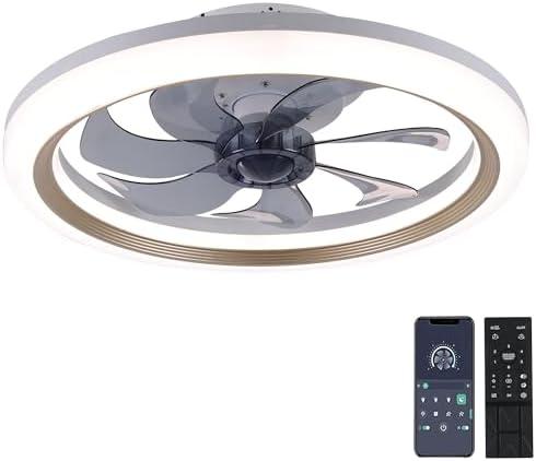 OurEDee 20'' Ceiling Fan with Lights & Remote, Low Profile, 6 Wind Speeds, Dimmable Light, Modern White Flush Mount, Smart for Home (Gold+Grey)