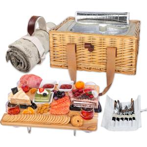 Hap Tim Wicker Picnic Basket for 4 with Mini Folding Wine Picnic Table & Large Insulated Cooler Bag & Cutlery Service Kits for 4 Person, Couples Gifts, Wedding Gifts (Y2307-4-CM)