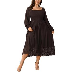SHESTARR Women's Plus Size Maxi Dress Long Sleeve Square Neck Smocked Flowy A-Line Lace Trim Wedding Guest Dresses (Brown), 3XL