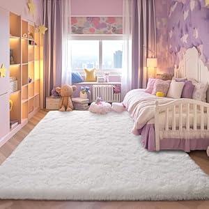 White Fluffy Rugs for Living Room 4x5.9 ft  Ultra Soft Faux Fur Area Rug  Plush NonSlip Shaggy Carpet for Bedroom, Kids Boys Girls Dorm Nursery Room