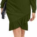 Women's Crewneck Casual Long Sleeve Sweater Dress Ruched Wrap Work Wedding Split Mini Dresses (Green, XL)