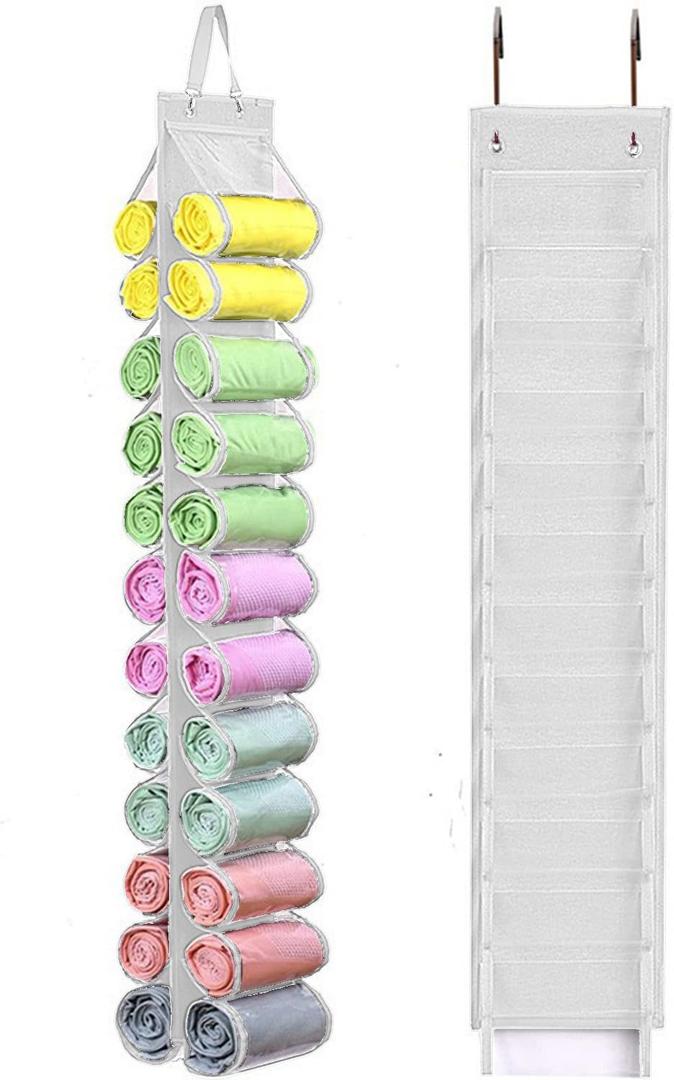 Legging Storage Bag Hanger - Can Hold 24 Leggings, Shirts or Jeans - Foldable Clothes Organizer, Portable Closet Roll Holder (White)