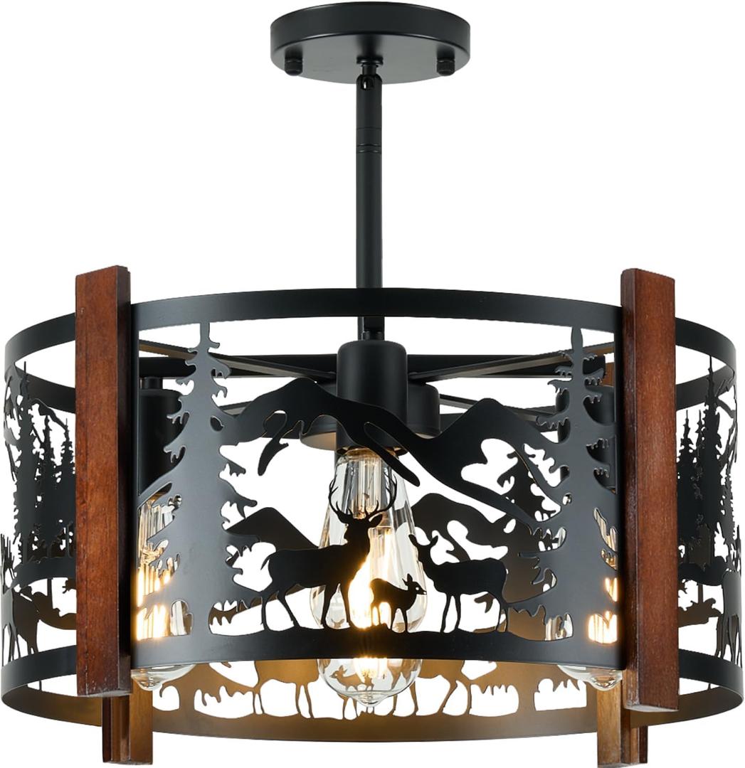 Rustic Deer Ceiling Light Fixtures, 4-Light Round E26 Base Adjustable Farmhouse Black Metal Wooden Fixture for Kitchen, Living Room, Foyer, Bedroom, Hallway-16.5" L* 16.5" W * 11.8" H