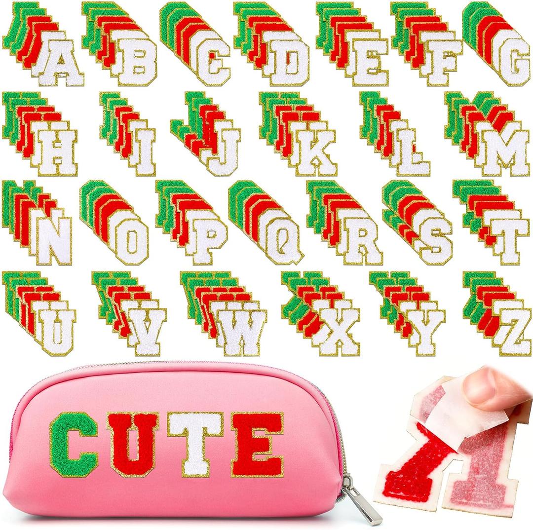Yilloog 156 Pcs Christmas Self Adhesive Patches Glitter Letters Chenille Clothing Patches Embroidered Repair Red and Green Fuzzy Repair Alphabet Gold Sewing Appliques