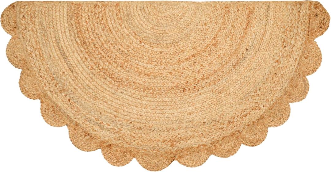 Half Hand Woven Area Rug Braided Jute Scalloped Border, Decor Collection Classic Quality Made for Living Room, Kitchen, 22x42 - Natural (1'10" x 3'6" (Semicircular))