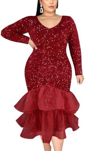 ONTINVA Women Plus Size Sequin Long Short Sleeves Evening Gown Party Long Maxi Dress Black Glitter Mesh Ruffled Mermaid XL