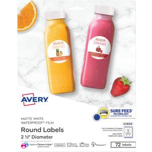 Avery Durable Waterproof Round Labels with Sure Feed Technology, 2.5" Diameter, White, Laser & Pigment-Inkjet Compatible, 72 Blank Labels Total, Great for Branding, Packaging, and More (22856)