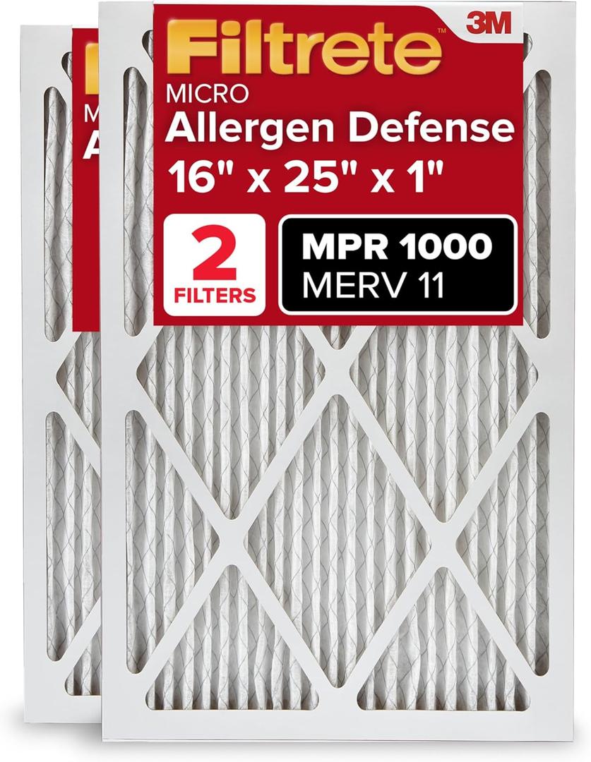 Filtrete 16x25x1 AC Furnace Air Filter, MERV 11, MPR 1000, Micro Allergen Defense, 3-Month Pleated 1-Inch Electrostatic Air Cleaning Filter, 2 Pack (Actual Size 15.719 x 24.72 x 0.84 in) (16 x 25 x 1)