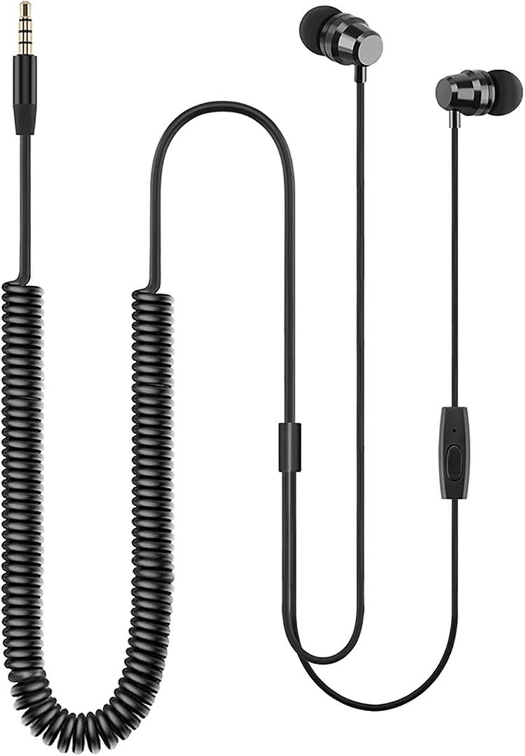 TV in-Ear Earphones, Spring Coil Extension, 11.8 Ft, Compatible with Most Devices, 3.5mm Male, Black