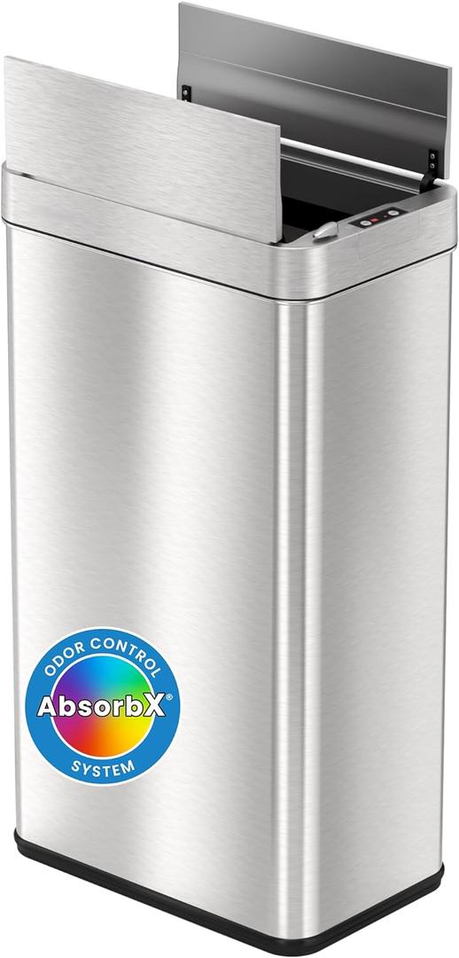 iTouchless 18 Gallon Wings Open Kitchen Trash Can with Lid and Odor Filter, Dog Proof Lid Lock 68 Liter Slim Stainless Steel Garbage Bin Home Office Bedroom Living Room Large Capacity Wastebasket (Brushed Silver 18 Gal Sensor)