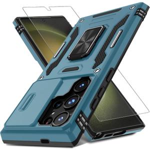 DEERLAMN Case for Samsung Galaxy S25 Ultra with Slide Camera Cover+Screen Protector (1 Pack), Rotated Ring Kickstand Military Grade Shockproof Protective Cover-Light Blue (S25 Ultra-6.9 Inch)