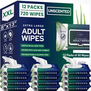 Adult Wipes For Elderly - 8"x13" Extra Large & Soft Wet Wipes for Adults Bathing - Incontinence Disposable Washcloths, Vitamin E & Aloe Infused for Men & Women 720ct (12 Packs of 60)